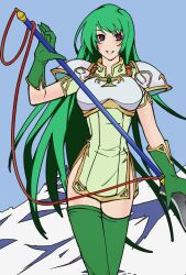  armor commentary_request erinys_(fire_emblem) female fire_emblem fire_emblem:_genealogy_of_the_holy_war gloves green_eyes green_hair highres long_hair machi_wt polearm purple_eyes solo spear thighhighs very_long_hair weapon 