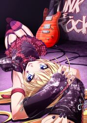  :p armband armpits arms_up belt blonde_hair blue_eyes commentary_request detached_sleeves electric_guitar female garter_straps guitar highres instrument looking_at_viewer lying mtu_(orewamuzituda) nail_polish necktie on_back on_floor paul_reed_smith pixiv_punk_and_rock plaid plaid_skirt punk safety_pin skirt solo striped_clothes striped_thighhighs thighhighs tongue tongue_out upside-down 