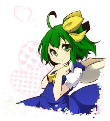  ahoge aki_(akikaze_asparagus) bow commentary_request daiyousei dress female green_eyes green_hair hairbow hands_on_own_chest heart heart_background photoshop_(medium) short_hair side_ponytail smile solo touhou upper_body wings 