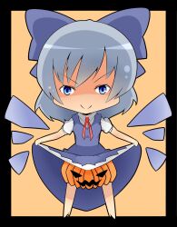  barefoot bloomers blue_eyes chibi cirno dress dress_lift food_themed_clothes halloween highres jack-o&#039;-lantern kurenainoyuyami looking_at_viewer pixiv_manga_sample resized shitoyan short_hair smile touhou underwear upskirt wings 