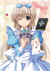  ace_(playing_card) apron bible_of_silver_cross blue_eyes blush book bow brown_hair card cross dress female frills grey_card hair_ribbon hairbow heart higa_yukari holding holding_card lily-strosek long_hair lowres lyrical_nanoha mahou_senki_lyrical_nanoha_force one_eye_closed playing_card puffy_sleeves ribbon smile solo 