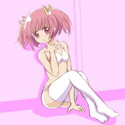  aitaso bad_id bad_pixiv_id bikini female kaname_madoka lowres mahou_shoujo_madoka_magica mahou_shoujo_madoka_magica_(anime) pink_eyes pink_hair short_hair solo swimsuit thighhighs twintails white_bikini 