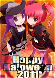  2011 2girls :o aisha_landar bad_id bad_pixiv_id choker dual_persona elsword flat_chest full_body halloween happy_halloween hat icedango_(dpopic3) leotard long_hair multiple_girls pantyhose pink_hair pink_legwear purple_eyes purple_hair shoes short_hair skirt smile tareme thighhighs tsurime twintails white_legwear witch_hat 