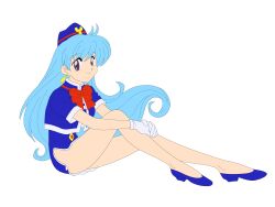  absurdres aqua_hair dress earrings female gloves highres jewelry legs legs_crossed long_hair miniskirt no_panties photoshop purple_eyes short_dress skirt smile stewardess tenjouin_katsura thighs vector_trace yat_anshin_uchuu_ryokou 