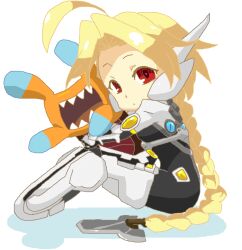  ahoge bad_id bad_pixiv_id blazblue blonde_hair braid chibi female hug jerun lambda-11 long_hair red_eyes solo 