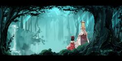  2girls arms_behind_back back blonde_hair blouse bow brown_hair detached_sleeves dress forest garnet_(pixiv) hair_ribbon hairbow hakurei_reimu hat long_hair long_skirt miko multiple_girls plant ribbon shirt short_hair sitting skirt sleeveless sleeveless_blouse sleeveless_shirt touhou tree yakumo_yukari 