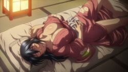  black_hair breasts cleavage closed_eyes futon large_breasts long_hair lying manyuu_chifusa manyuu_hikenchou on_back open_mouth oppai robe screen_capture sleeping 