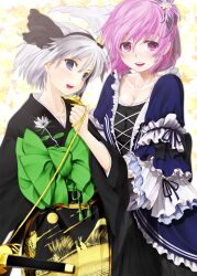  2girls alternate_costume bad_id bad_pixiv_id blue_eyes chikado collarbone dress frills hair_ornament hair_ribbon hairband highres japanese_clothes katana kimono konpaku_youmu mizusaki_(tengoku) multiple_girls no_headwear open_mouth pink_eyes pink_hair ribbon saigyouji_yuyuko short_hair smile sword touhou weapon white_hair 