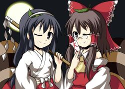  2girls ascot bow brown_eyes brown_hair commentary_request cosplay detached_sleeves full_moon futatsuiwa_mamizou glasses gohei hair_tubes hairband hairbow hakurei_reimu hakurei_reimu_(cosplay) japanese_clothes kiki_kaikai leaf leaf_on_head manuke_(kiki_kaikai) miko mochizuki_ado moon multiple_girls ofuda one_eye_closed pince-nez raccoon_tail sayo_(kiki_kaikai) sayo_(kiki_kaikai)_(cosplay) smile tail touhou trait_connection 