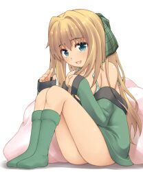  aqua_eyes bad_id bad_pixiv_id bra brown_hair female green_legwear hair_ribbon legs_together lingerie long_hair long_sleeves off_shoulder open_mouth original painttool_sai_(medium) pillow ribbon ribucci sitting sleeves_past_wrists smile solo underwear waving 