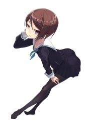  arm_behind_head ass bent_over black_pantyhose brown_hair commentary_request female full_body grey_eyes hand_on_thigh highres legs maeda_risou no_shoes original pantyhose school_uniform serafuku short_hair simple_background solo standing tucking_hair white_background 