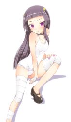  bandages bandaid bare_shoulders black_hair blush choker commentary_request female flat_chest highres horns kami_nomi_zo_shiru_sekai long_hair lune_(kaminomi) mary_janes nail_polish no_socks one-piece_swimsuit photoshop_(medium) purple_eyes school_swimsuit shoes solo swimsuit white_one-piece_swimsuit yuto_(dialique) 