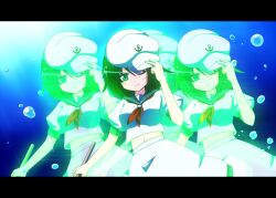  air_bubble black_hair bubble clone commentary_request female green_eyes hat kamelie letterboxed midriff murasa_minamitsu navel one_eye_closed sailor sailor_hat spell_card touhou underwater 