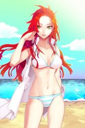  artist_request beach bikini breasts coat day female jaina_preventer long_hair lowres medium_breasts navel outdoors photoshop_(medium) red_hair solo striped_bikini striped_clothes swimsuit sword_girls 