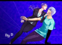  1boy bad_id bad_pixiv_id blue_hair cuffs decoration_disorder_disconnection dutch_angle female formal grey_hair handcuffs ishizue_arika letterboxed long_hair pant_suit pants ponytail shaded_face shirt short_hair suit t-shirt touma_mato yuzuki_kisa 