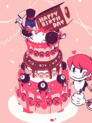  :q avery_(skullgirls) birthday blush_stickers bomb cake casual commentary_request confetti explosive female fighting food fork george_the_bomb gloves hammer happy_birthday heart mechanical_arms monochrome no_headwear peacock_(skullgirls) pink_background pink_theme red_hair shirt simple_background skullgirls smile spot_color t-shirt tongue tongue_out yojio_(2188) 