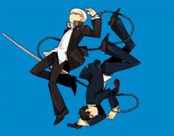  2boys adachi_tooru black_hair blazer blue_background chains commentary_request cuffs grey_eyes gun handcuffs handgun jacket katana multiple_boys narukami_yuu persona persona_4 photoshop_(medium) revolver rotational_symmetry saeuchobab school_uniform short_hair simple_background sword upside-down weapon white_hair 