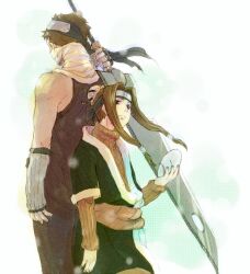  2boys androgynous back-to-back bad_id bad_pixiv_id brown_hair commentary_request forehead_protector haku_(naruto) height_difference hotate_(suikaneko) huge_weapon kirigakure_symbol layered_sleeves long_hair male_focus mask momochi_zabuza mouth_mask multiple_boys naruto naruto_(series) ninja sword tears weapon 