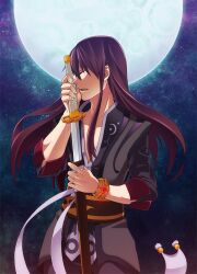  1boy bad_id bad_pixiv_id black_hair bracelet closed_eyes full_moon jewelry katana long_hair male_focus moon nakamura_hiro_(nobody10ch) photoshop_(medium) solo sword tales_of_(series) tales_of_vesperia weapon yuri_lowell 