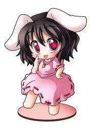  animal_ears bad_id bad_pixiv_id black_hair carrot carrot_necklace chibi dress faux_figurine female inaba_tewi jewelry necklace pendant pink_dress rabbit_ears red_eyes shinjitsu short_hair simple_background solo tongue tongue_out touhou white_background 