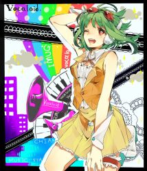  bad_id bad_pixiv_id female goggles goggles_on_head green_hair gumi headphones one_eye_closed open_mouth red-tinted_eyewear red_eyes short_hair skirt solo tinted_eyewear vocaloid wonoco0916 wrist_cuffs 