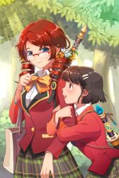  2girls artist_request bag blazer blue_eyes brown_eyes brown_hair dress_shirt drill_hair flower hair_ornament hairclip jacket long_hair lowres lucca_(sword_girls) multiple_girls plaid plaid_skirt pleated_skirt red_hair school_uniform sheath shirt short_hair skirt smile sword_girls tree vernika_answer weapon 