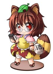  alcohol animal_ears bad_id bad_pixiv_id bloomers bottle brown_eyes brown_hair chibi dress faux_figurine female flip-flops full_body futatsuiwa_mamizou glasses leaf leaf_on_head notepad pince-nez raccoon_ears raccoon_girl raccoon_tail sake sandals shinjitsu short_hair simple_background skirt smile solo tail touhou underwear white_background 