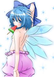  arm_behind_head back bloomers blue_bow blue_eyes blue_hair bow cirno commentary_request female flat_chest food from_behind gpbeta hairbow highres ice_cream looking_at_viewer looking_back partial_commentary short_hair simple_background solo topless touhou underwear underwear_only wings 