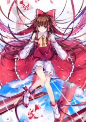  6u_(eternal_land) bad_id bad_pixiv_id bow brown_hair detached_sleeves embellished_costume female fish grid hair_tubes hairbow hakurei_reimu long_hair looking_at_viewer photoshop_(medium) red_bow red_eyes reflection ribbon sitting solo torii touhou 