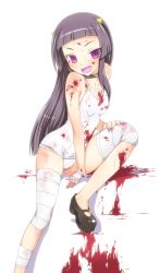  bandages bandaid bare_shoulders black_hair blood blood_on_breasts blood_on_face blush choker commentary_request female flat_chest highres horns kami_nomi_zo_shiru_sekai long_hair lune_(kaminomi) mary_janes nail_polish no_socks oerba_yun_fang one-piece_swimsuit photoshop_(medium) purple_eyes school_swimsuit shoes solo swimsuit white_one-piece_swimsuit yandere yuto_(dialique) 