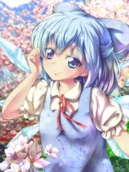  arm_up blue_dress blue_eyes blue_hair bow cirno commentary_request dress female flower gpbeta hairbow highres ice ice_wings looking_at_viewer ribbon short_hair solo touhou upper_body wings 