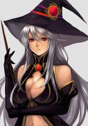  bad_id bad_pixiv_id breasts cleavage cleavage_cutout clothing_cutout elbow_gloves female gloves grey_hair hat large_breasts long_hair navel original red_eyes sasaki_ryou sleeveless solo wand witch_hat 