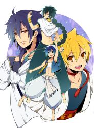  4boys aladdin_(magi) ali_baba_saluja back barefoot black_hair blonde_hair blue_eyes blue_hair braid commentary_request earrings feet flute highres instrument jewelry judal long_hair magi_the_labyrinth_of_magic male_focus midriff mitsuko_(likiliki) multiple_boys navel orange_eyes partial_commentary purple_hair red_eyes sinbad_(magi) turban yellow_eyes 