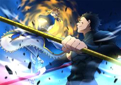  1boy ahoge armor artoria_pendragon_(fate) bad_id bad_pixiv_id battle black_hair blonde_hair diarmuid_ua_duibhne_(lancer)_(fate) dress dual_wielding duel excalibur_(fate/stay_night) fate/zero fate_(series) female gae_buidhe_(fate) gae_dearg_(fate) gauntlets green_eyes hair_ribbon holding kazu_sanbon photoshop_(medium) polearm ribbon saber_(fate) spear sword weapon yellow_eyes 