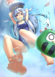  arms_behind_head backpack bag bare_legs barefoot blue_eyes blue_hair blurry braid clenched_teeth commentary_request depth_of_field falling feet female foreshortening hat kawashiro_nitori md5_mismatch mechanical_arms mossari_poteto one-piece_swimsuit school_swimsuit shield short_hair single_mechanical_arm solo swimsuit teeth toe_scrunch touhou twin_braids unworn_hat unworn_headwear water waterfall 