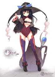  bad_id bad_pixiv_id bag belt_bra black_hair boots breasts female green_eyes hat highres homura_subaru jacket medium_breasts pixiv_fantasia pixiv_fantasia_wizard_and_knight smile solo staff thighhighs witch_hat 