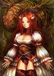  boots breasts bug cameltoe cleavage commentary_request corset dress earrings female groin hair_ornament jewelry kara_(color) large_breasts long_hair necklace original panties puffy_sleeves red_eyes red_hair solo thigh_boots thighhighs underwear 