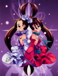  2girls back-to-back bare_shoulders brown_hair choker dress elbow_gloves frilled_dress frills gloves green_eyes long_hair magical_girl mahou_shoujo_kazumi_magica mahou_shoujo_madoka_magica multiple_girls official_art ponytail purple_background red_dress scan siblings side_ponytail souju_ayase souju_luca tensugi_takashi twins white_dress 