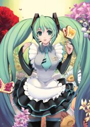  1000marie adapted_costume alice_in_wonderland alternate_costume aqua_hair bad_id bad_pixiv_id bread bridal_gauntlets butter enmaided female flower food frills gathers hatsune_miku highres jam lips long_hair maid nail_polish necktie photoshop_(medium) solo thighhighs twintails vocaloid zettai_ryouiki 