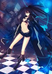  bad_id bad_pixiv_id black_hair black_rock_shooter black_rock_shooter_(character) black_rock_shooter_(game) black_shorts blue_eyes boots chains checkered_floor choker female full_body jewelry knee_boots long_hair midriff navel necklace no_shirt rinbukyoku short_shorts shorts smile solo stella_(black_rock_shooter) twintails 