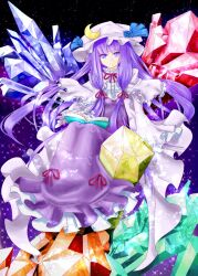  book bow colorized commentary_request crescent crystal dress female hair_ribbon hairbow hat highres kikuchi long_hair long_sleeves open_book patchouli_knowledge philosopher&#039;s_stone purple_eyes purple_hair ribbon sidelocks sitting sleeves_past_wrists smile solo spell_card touhou tsurukame 