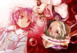  2girls bad_id bad_pixiv_id blue_eyes buttons chaba_(hortensia) green_hair hair_ornament hairband hat heart komeiji_satori long_sleeves lying multiple_girls on_back photoshop_(medium) pink_eyes pink_hair ribbon rod_of_remorse shiki_eiki smile third_eye touhou 