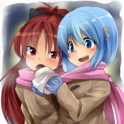  2girls alternate_costume blue_eyes blue_hair bow commentary_request gloves hair_ornament hairbow hairclip long_hair mahou_shoujo_madoka_magica mahou_shoujo_madoka_magica_(anime) marimo_danshaku miki_sayaka multiple_girls oerba_yun_fang open_mouth red_eyes red_hair sakura_kyoko scarf short_hair 