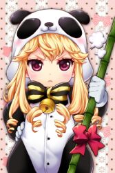  :&lt; animal_costume bamboo bell bittersweet_(dalcoms) blonde_hair blush bow cinia_pacifica drill_hair female gloves lolicon long_hair lowres panda panda_costume photoshop_(medium) pink_eyes ribbon solo sword_girls 