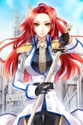  badge belt castle coat cocoon_(loveririn) dress_shirt epaulettes female gloves jaina_preventer long_hair lowres pants photoshop_(medium) red_hair shirt solo striped sword sword_girls weapon yellow_eyes 