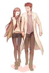  1boy bad_id bad_pixiv_id closed_eyes couple facial_hair female happy holding_hands interlocked_fingers jacket lab_coat long_hair makise_kurisu miya_(hooooo) necktie okabe_rintarou pantyhose pantyhose_under_shorts photoshop_(medium) shorts simple_background steins;gate straight stubble white_background 