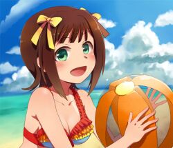  amami_haruka ball beach brown_hair commentary_request day female green_eyes hair_ribbon idolmaster idolmaster_(classic) open_mouth ribbon short_hair smile solo swimsuit udon_(memai_no_kabe) vivid_bikini_(idolmaster) 