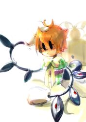  bed blanket blush bow commentary_request eye_socket female george_the_bomb gloves hand_on_own_head mechanical_arms messy_hair morning no_headwear on_bed orange_hair pajamas peacock_(skullgirls) ribbon skullgirls solo white_gloves yojio_(2188) 