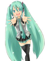  aqua_eyes aqua_hair black_thighhighs blouse detached_sleeves hatsune_miku headset long_hair miniskirt mioalice necktie open_mouth pleated_skirt shirt skirt sleeveless sleeveless_blouse smile teeth thighhighs twintails very_long_hair vocaloid zettai_ryouiki 