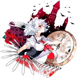  alternate_costume bad_id bad_pixiv_id castle female flower hand_on_own_chest izayoi_sakuya knife maid maid_headdress profile rooseputo_02 rose short_hair solo touhou watch white_hair 